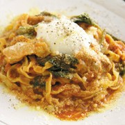 37 PASTA_Fettuccine with Arita chicken, spinach, and Itoshima wild eggs in tomato sauce