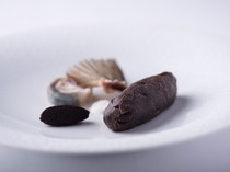 Au gout du jour merveille Hakata _-Light and Shadow- Poele of Japanese Pufferfish from Shimonoseki, Yamaguchi Prefecture, Served with a Black Truffle Sauce