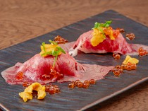  Sirloin, Sea Urchin and Salmon Roe Sushi (2 Pieces Each) - Ginbekoya's specialty meat sushi. Uses the delicious flavors and textures of each ingredient with each piece carefully prepared 