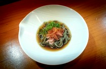 Sanukiya_Olive oil kneaded mugwort udon noodles tossed with raw Sakura shrimp yolk and rich broth...