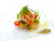 la liliana_Marinated blue lobster and zucchini with celery root consommé jelly