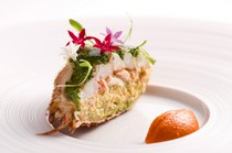 HOMMAGE_"Kombumori hairy crab and small melon salad with romesco sauce" combines savory, sweet and sour flavors