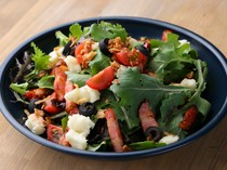  "Blue Cheese & Grilled Smoked Bacon Salad" decorated with rare organic vegetables 