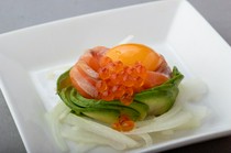  Soy sauce koji salmon and avocado topped with Yukkeikura 