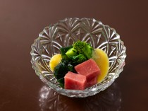  Bluefin Tuna and Kujo Green Onions in Vinegar Miso Dressing - with beautiful colors and a delicate feel 