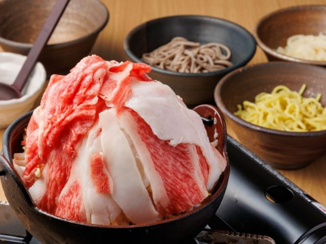 Meat hot pot and meat noodles with A5-ranked Wagyu beef in selected Japanese soup stock