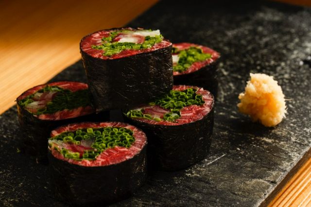 A 跨国料理 of 日本料理 and 法国料理 cuisine. 创作料理 meat dishes of the highest grade brand 日本料理 beef.
