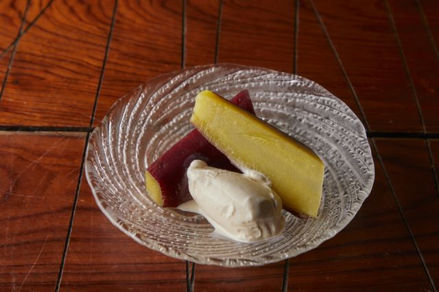 Roasted sweet potato with ice cream served at the robata restaurant